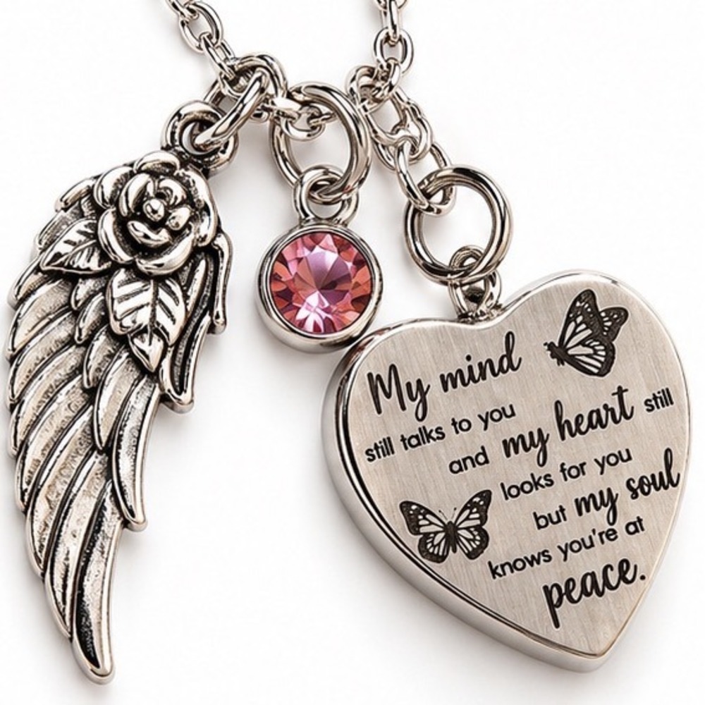 Memorial Heart Angel Wing Necklace Pink Crystal Butterfly Sympathy Gift Silver